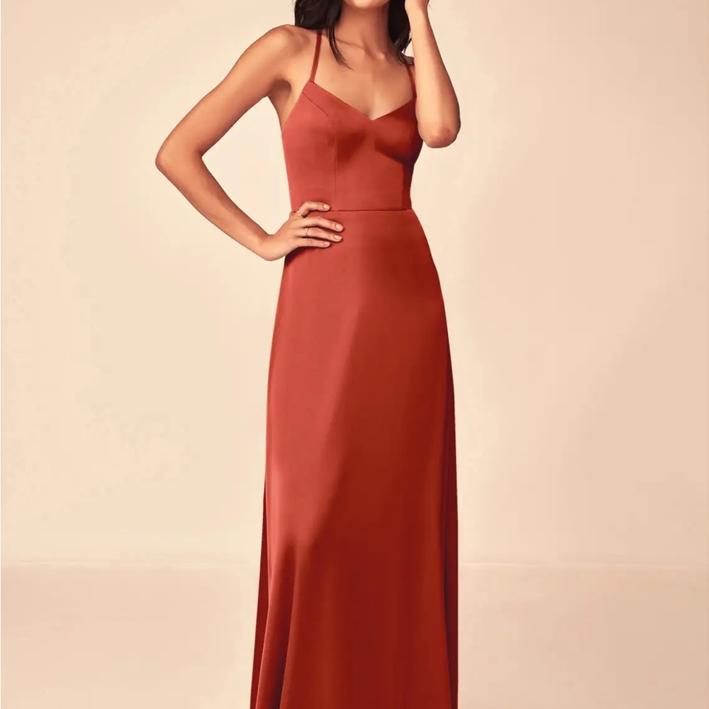 Azazie Bridesmaid Dress - Rust, Satin Stretch